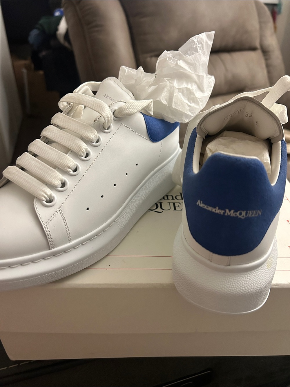 Alexander McQueen White Leather Sneakers with Blue Heel Tab